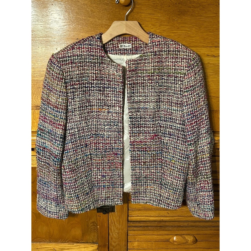 Ann May Preppy 100% Woven Silk Tweed Blazer Jacket Multicolor Open Front Size 10